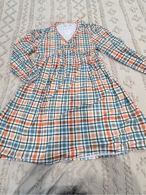 Plaid Midi Dress in Orange & Green - Women’s V-Neck Long Sleeve